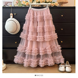 New Heavy Industry Lace Cake Skirt Long Dress Sweet Wind High Waist Wood Ear Mesh Skirt 8103