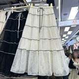 French Romantic Lace Side Folded Skirt Women Summer New High-Waisted Loose Hanging Long Skirt