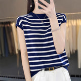 25 Spring And Summer Round Collar Color Classic Striped Short-Sleeved Women's T-Shirt Loose Thin Bottom Knitted Shirt Shirt Top