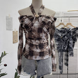 Heavy Industry Hanging Neck Long Sleeve Top Women's Autumn Dress Screen Printing Folds Repair Word Shoulder Bottom T-Shirt 8060