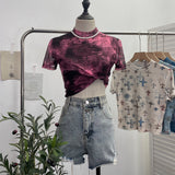 Real Shooting Retro Tie-Dye Double-Layer Mesh Half-High-Neck Short-Sleeved T-Shirt T-Shirt Short-Sleeved T-Shirted Woman 8833