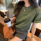 Vintage Sen Loose Army Green Short-Sleeved T-Shirt Women 2025 Summer New Korean Unique Beautiful Top