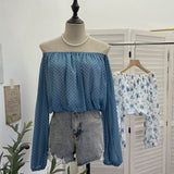 Real Shot Shoulder Long Sleeve Wave Chiffon Shirt Women Summer Short Open Umbilled Shirt Loose Umbilled Shirt Loose Top 2367