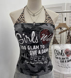 Real Shooting Babes Leopard Print Fake Two Sling Vest With Chest Cushion Hanging Neck Short Top 1592