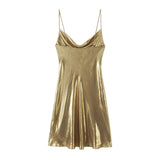 Spring 2025 New Fashion Temperament Low-Collar Bare Back Metallic Sling Dress Woman