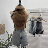 Real-Shot Bow Decorative Hair Splicing Elastic Hanging Neck Vest Outside Wearing Hairy Short Grinding Coat 2791