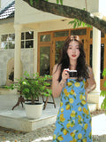 Seaside Dopamine Holiday Dress Blue Lemon Print Sling Dress Women Summer Beach Atmosphere Long Dress