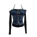 Real Shooting Hottie Fake Two Cowboy Hanging Neck Splicing Mesh Yarn One-Word Shoulder Strapped Dress Short T-Shirt 8935