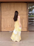 French Fairy Temperament Seaside Holiday Dress Pendant Yellow Dizzling Print V Tie Dress Female Summer