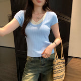 Two Beautiful Beautiful Vneck Yellow Short-Sleeved Knitted Shirt Girls Summer New Beautiful Unique Top