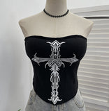 Thorn Cross Print Chest Vest Sling Female With Chest Cushions Anti-Slip Strip Short Babes Top 1298
