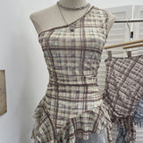 Real Shooting Retro Lattice Hot Diamond Slant Shoulder Vest Summer Irregular Net Yarn Side Hottie Sleeveless Top 8157