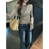 Lyselle's Silk Wool Folds Back-Round-Neck Long-Sleeved T-Shirt For Women's Commute To The New Autumn Top