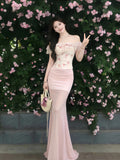 French Romantic Style Word Shoulder Broken Floral Dress Women Summer Holiday Style Bodyd With Hip Fishtail Dress Set Sweet