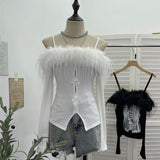 Two-Word Shoulder Hair Spliced Sling With Long-Sleeved Grinding T-Shirt T-Shirt Print Hollow Top 1367