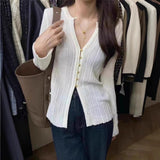 Korean V-Neck Knitted Shirt Women's Clothing Early Autumn New Buckle Top Cardigan