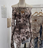 Vintage One-Word Shoulder Long-Sleeved T-Shirt Babes Net Embroidery Irregular Ribbon Dress 12901