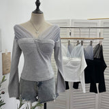 Real Shot With Chest Pad Mesh Splicing V-Neck Long Sleeve Bottom Shirt T-Shirt T-Shirt-Dressed Short-Sized Two-Piece T-Shirt Girl 2806