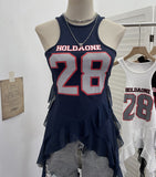 Real Shooting Retro Hanging Neck Sling Vest Woman With Hot Girl Mesh Ribbon Irregular Sleeveless Top 8080