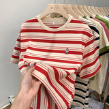 Fashion Classic Striped T-Shirt Women's Short-Sleeved Summer New Embroidered Bear Loose Half-Sleeved Casual Cotton Collar Top