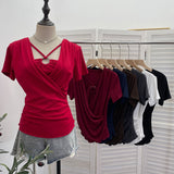 Real Shooting Cross-Design Hanging Neck Beads Folded Emptiness T-Shirts For Women's Sense Of Fake Two-Piece Top 27671