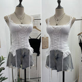 Summer Outside Wearing Hottie Fake Two Splicing Lace Slings Vest Short Sleeveless Top 12282