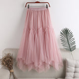 2025 New High-Rise Thin Long Irregular Double Mesh Splicing Half-Dress Female Pong Skirt Dress Dress