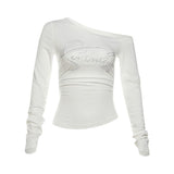 Letters Hot Diamond Collars With Long-Sleeved T-Shirts For Women's Folds Slimy Hottie Tops