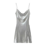 Spring 2025 New Fashion Temperament Low-Collar Bare Back Metallic Sling Dress Woman