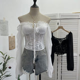 Real Shot French Lantern With Chest Tender Tops With Cuffed Shoulders With Dark Band Lace T-Shirt 8121