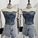 Old Style Retro Brae Waist-Dyed Wear Sexy Shoulder-Wrapped Sleeveless Top 8886