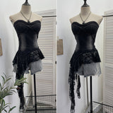 Real Pat With Chest Cushion Irregular Ribbon Lace Skirt Stided With Denim Vest Back Sleeveless Top 2759
