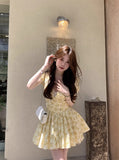 French Sweet Mashed Flower Bubble Short Sleeve Sexy V-Neck Dress Women Summer Pure Want To Close The Waist Thin Hot Girl A Short Skirt