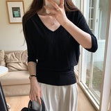 Korean Chic Shoulder-To-Shoulder Cotton V-Neck Sleeve Sunscreen T-Shirt Girl 2025 New Loose Thin Outerwear