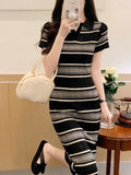 Striped Poolo Dress Girl Spring And Summer Lap-Up Short-Sleeved T-Shirt Bag Hip Dress Over Knee Ice Knitted Dress