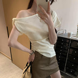 Spice Girls Design Pure Style Waffling Tinger Slanted Shoulder Short-Sleeved T-Shirt Women 2025 Summer New Dew Shoulder
