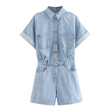 2025 Summer New Women's Wear Collar Short Sleeve Pocket Dress Denim Short Jumpsuit 4979036