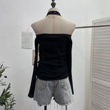 Real Shooting Hottie Letter Print Mesh Collar Splicing Neck One-Word Shoulder Long-Sleeved T-Shirt Short Top 2780