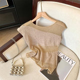 Tea Tea Yarn Knitted Jersey Ice Blouse Women Summer Large Size Fat Mm Unique Beautiful Shirt Splicing Irregular
