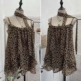 Real Shooting Low-Breasted U-Neck Sexy Outside Wearing Leopard-Print Sling Vest Ribbon Lotus Leaf Side Loose Sleeveless Topess Female 9333