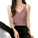 2026 Spice Girl Lace Lace Sling Vest Women Inside And Outside Wearing Repair Pearl Buttons Knitted Sleeveless Top