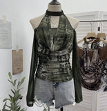 Vintage Hottie Hanging Neck A Word Shoulder Collar Long Sleeve Mesh Yarn T-Shirt 1331