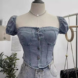 Real Shot Shoulder Bubble Short Sleeves Denim Shirt Design Hot Girl Collar Small Short Top 2530