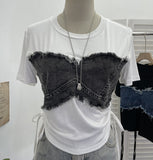 Fake Two Denim Hair Side Spliced Short-Sleeved T-Shirt Side-Swaist Lace With Short Repair Body Coat 26302