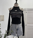 Spice Girls Sexy Stupid Long Sleeve T-Shirt Design Sensing Fake Two Cowboy Short-Sleeved Shoulder Clothes 2671