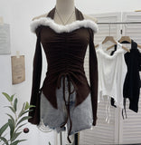 Real Shooting Hottie Hanging Neck A Word Shoulder Hair Spliced Long-Sleeved T-Shirt Draw Tie With Short Bottom Shirt 88882