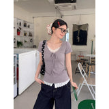 Design-Sensitive White Lace V-Neck Front Shoulder Short-Sleeved T-Shirt For Women's Summer New Slim Design With A Slim Unique Top