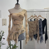Personality Tie-Dye-Print Oblique Shoulder Dress Repair Irregular Lotus Horn Long-Sleeved Mesh T-Shirt 9955