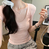 Low-Round Collar Solid Color Short-Sleeved T-Shirt Women 2025 Early Spring New U-Neck Bamboo Festival Cotton Slimming Top