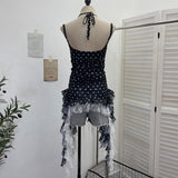 Real Shooting Wave Point Lace With Hanging Neck Sling Vest Splicing Lace Irregular Ribbon Mesh Sleeveless Top 16511